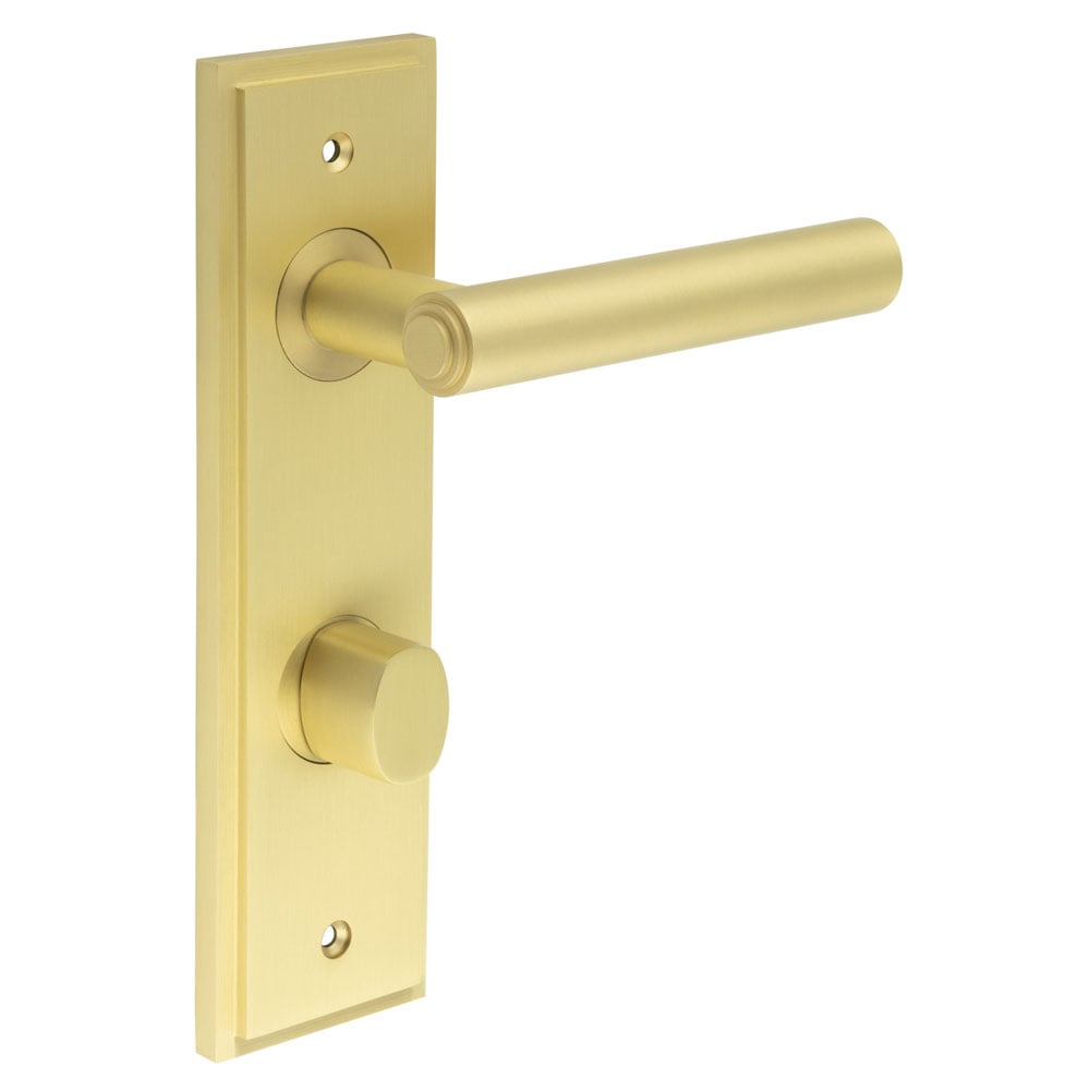 This is an image showing the Frelan - Richmond Door Handle Din Bathroom Backplate Satin Brass & Turn & Release available to order from Trade Door Handles in Kendal