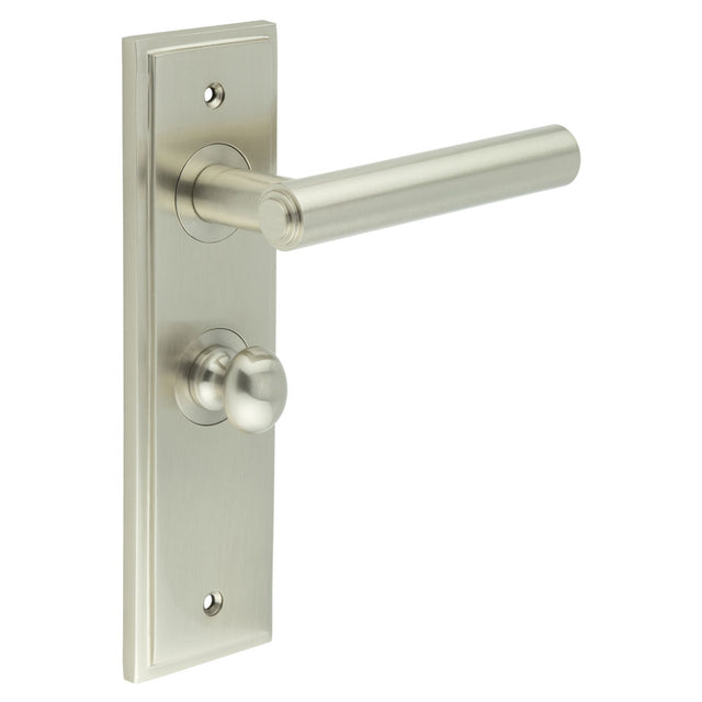 High quality image of Burlington - Richmond Door Handle Bathroom Backplate Satin Nickel & Turn & Release Sku. BUR-45SN-453SN-80SN