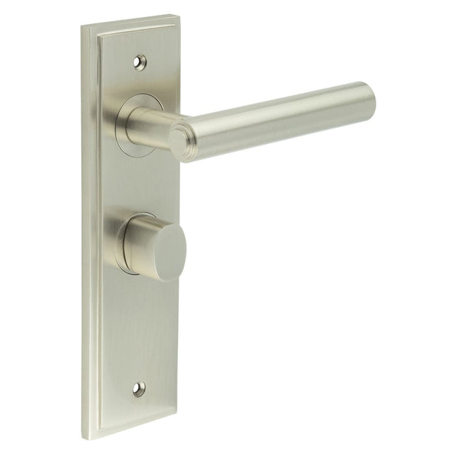 This is an image showing the Frelan - Richmond Door Handle Bathroom Backplate Satin Nickel & Turn & Release available to order from Trade Door Handles in Kendal