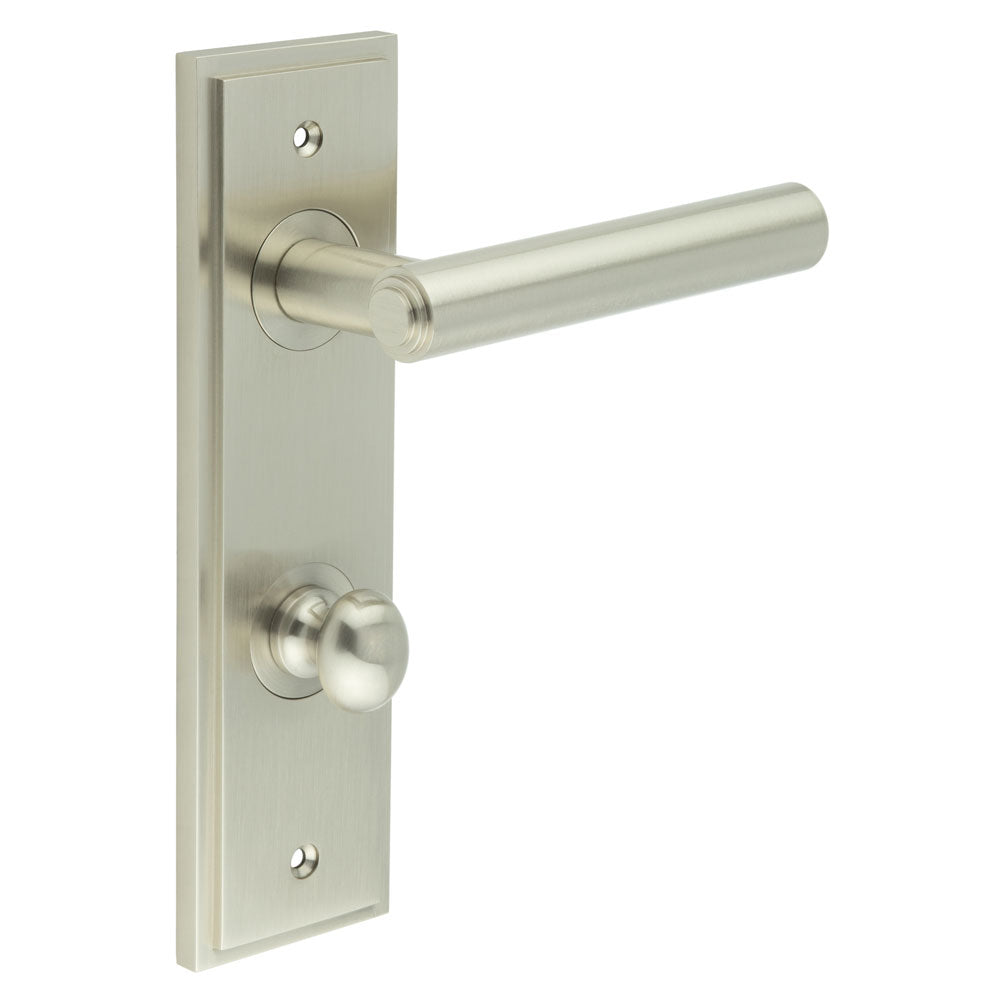 High quality image of Burlington - Richmond Door Handle Din Bathroom Backplate Satin Nickel & Turn & Release Sku. BUR-45SN-456SN-80SN