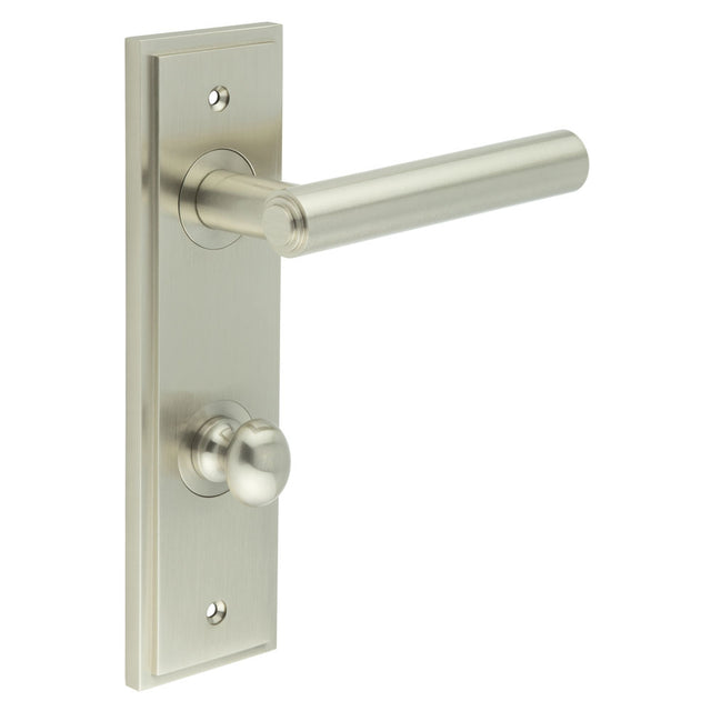 High quality image of Burlington - Richmond Door Handle Din Bathroom Backplate Satin Nickel & Turn & Release Sku. BUR-45SN-456SN-80SN