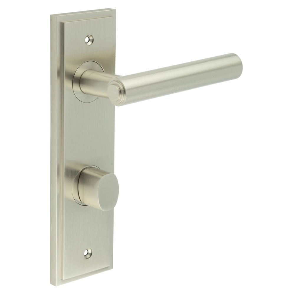 This is an image showing the Frelan - Richmond Door Handle Din Bathroom Backplate Satin Nickel & Turn & Release available to order from Trade Door Handles in Kendal