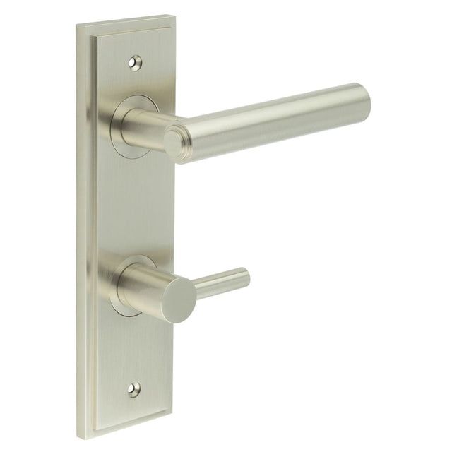 This is an image showing the Frelan - Richmond Door Handle Din Bathroom Backplate Satin Nickel & Turn & Release available to order from Trade Door Handles in Kendal