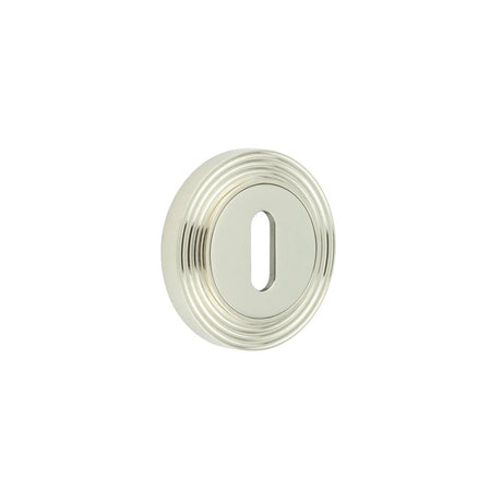 This is an image showing the Frelan - Burlington Standard Keyway Escutcheons Reeded Rose Polished Nickel available to order from Trade Door Handles in Kendal