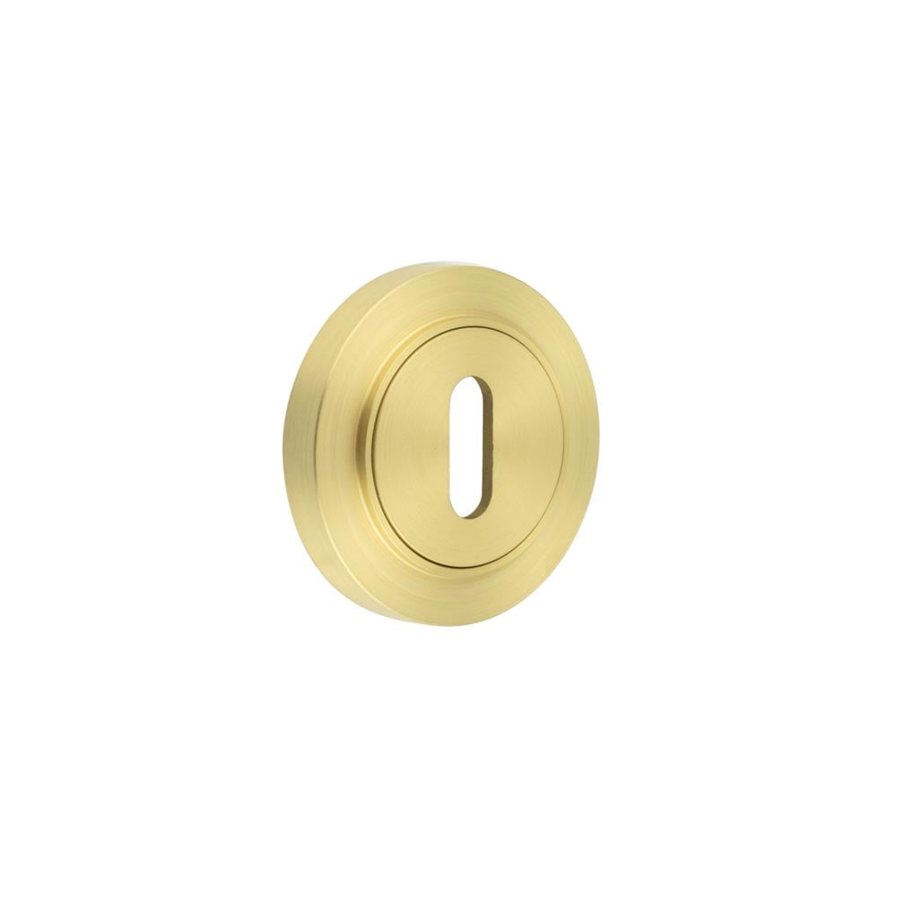 This is an image showing the Frelan - Burlington Standard Keyway Escutcheons Plain Rose Satin Brass available to order from Trade Door Handles in Kendal