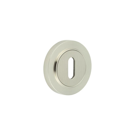 This is an image showing the Frelan - Burlington Standard Keyway Escutcheons Plain Rose Satin Nickel available to order from Trade Door Handles in Kendal