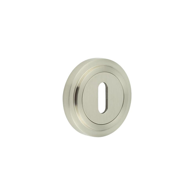 This is an image showing the Frelan - Burlington Standard Keyway Escutcheons Stepped Rose Satin Nickel available to order from Trade Door Handles in Kendal