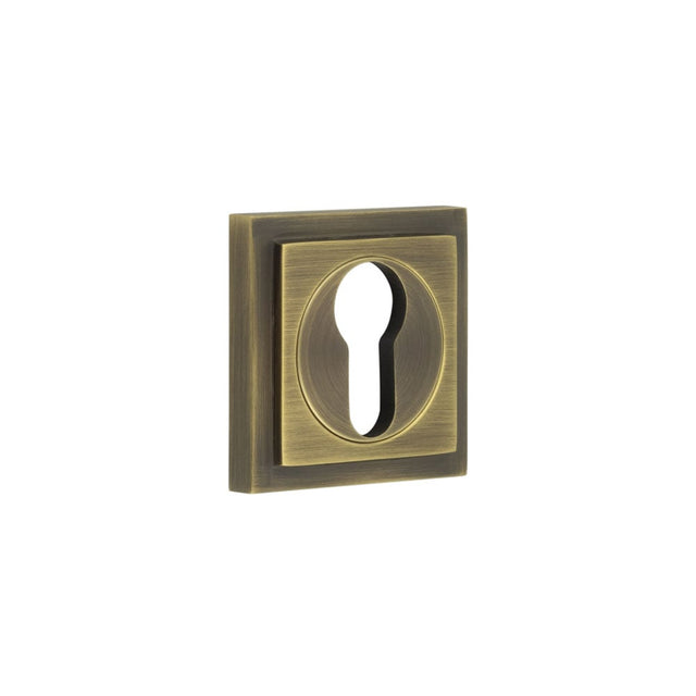 This is an image showing the Frelan - Burlington Euro Profile Escutcheons Square Stepped Rose Antique Brass available to order from Trade Door Handles in Kendal