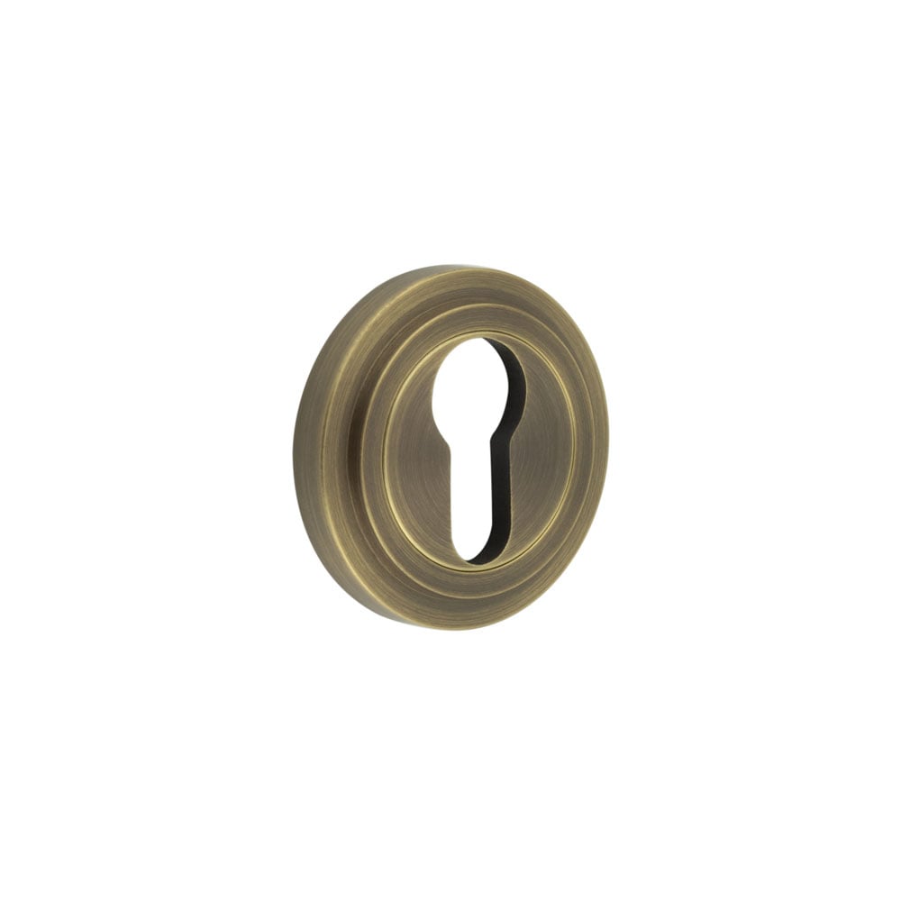 This is an image showing the Frelan - Burlington Euro Profile Escutcheons Stepped Rose Antique Brass available to order from Trade Door Handles in Kendal