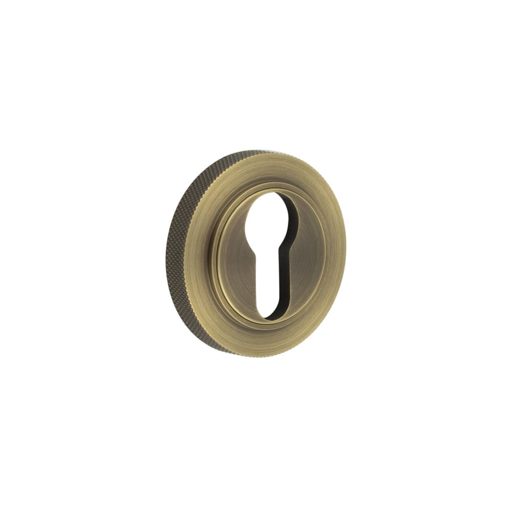 This is an image showing the Frelan - Burlington Euro Profile Escutcheons Knurled Rose Antique Brass available to order from Trade Door Handles in Kendal