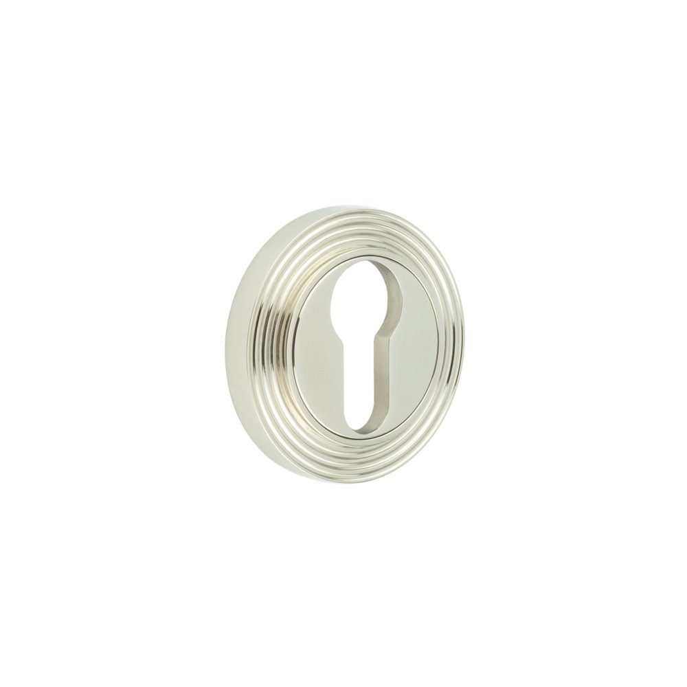 This is an image showing the Frelan - Burlington Euro Profile Escutcheons Reeded Rose Polished Nickel available to order from Trade Door Handles in Kendal