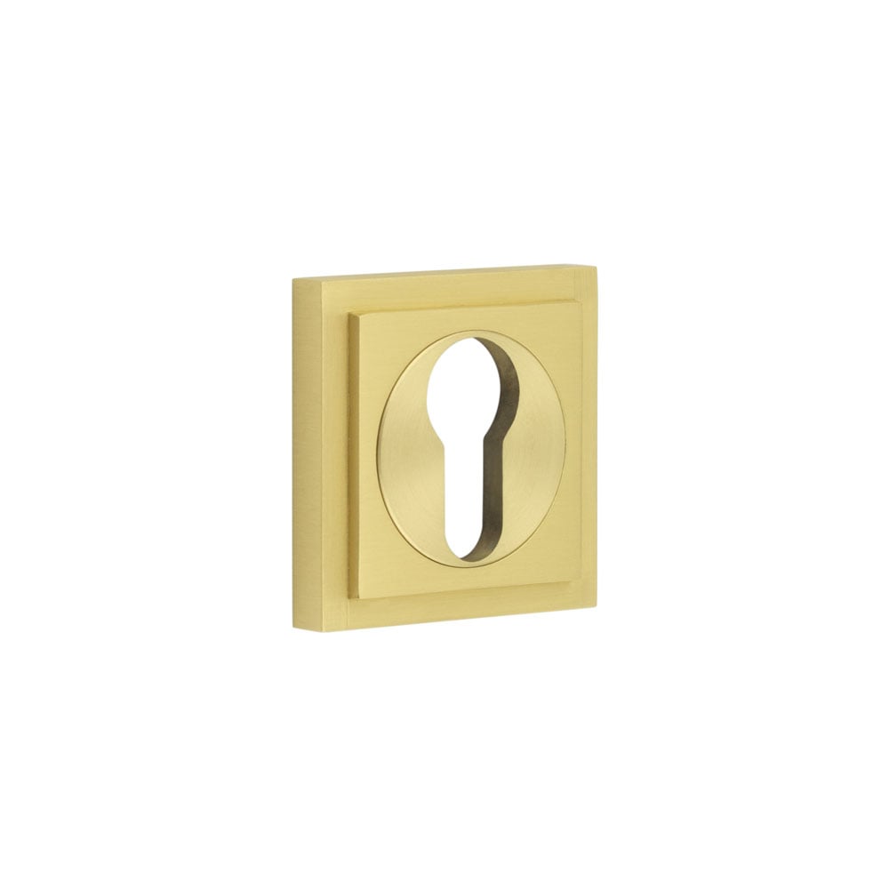 This is an image showing the Frelan - Burlington Euro Profile Escutcheons Square Stepped Rose Satin Brass available to order from Trade Door Handles in Kendal