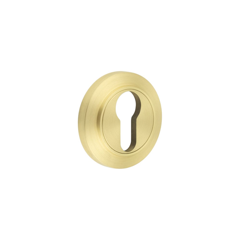 This is an image showing the Frelan - Burlington Euro Profile Escutcheons Chamfered Rose Satin Brass available to order from Trade Door Handles in Kendal