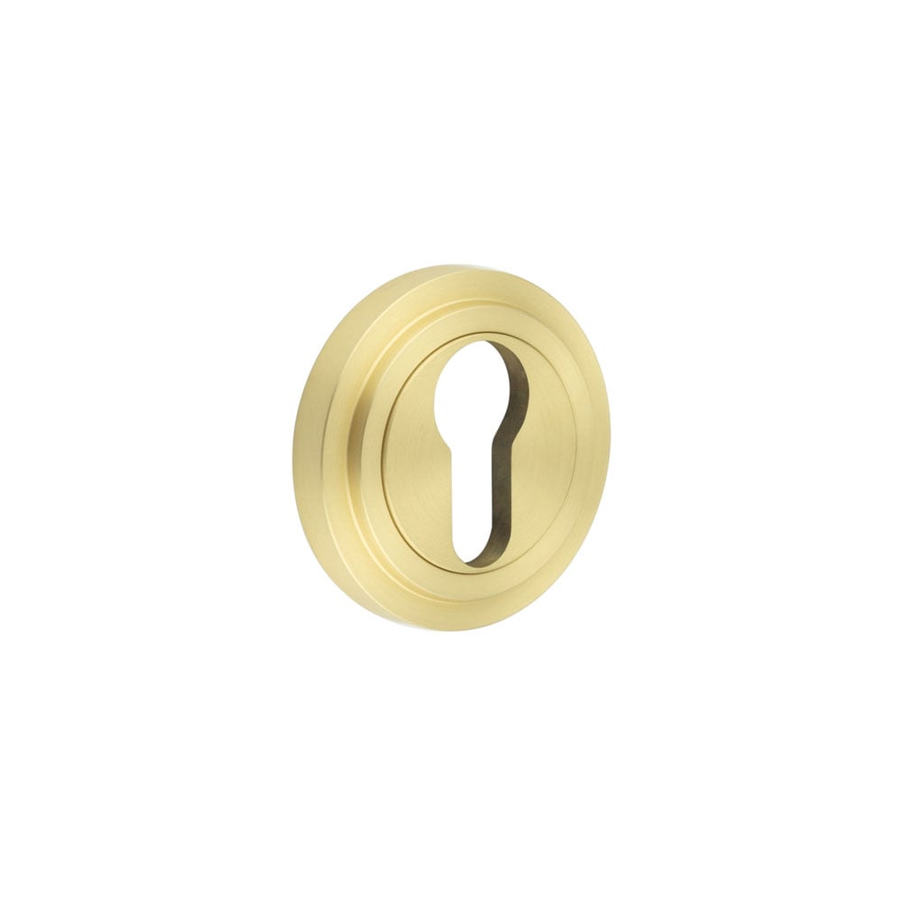 This is an image showing the Frelan - Burlington Euro Profile Escutcheons Stepped Rose Satin Brass available to order from Trade Door Handles in Kendal