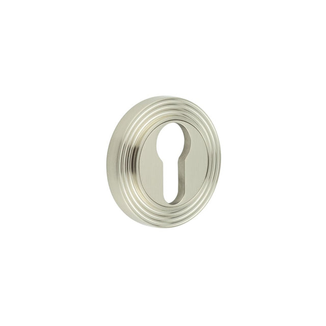 This is an image showing the Frelan - Burlington Euro Profile Escutcheons Reeded Rose Satin Nickel available to order from Trade Door Handles in Kendal