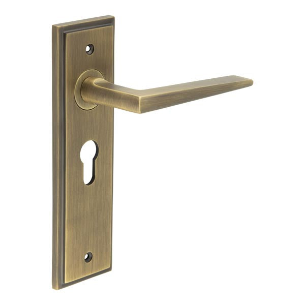 High quality image of Burlington - Mayfair Door Handle Euro Backplate Antique Brass Sku. BUR10KIT11