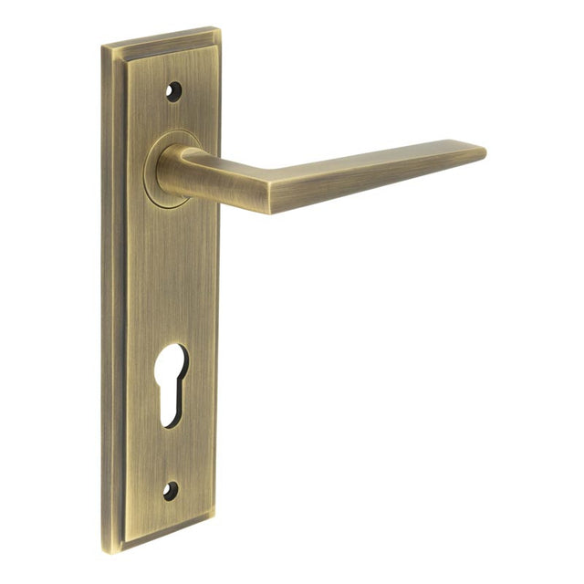 High quality image of Burlington - Mayfair Door Handle Din Euro Backplate Antique Brass Sku. BUR10KIT12