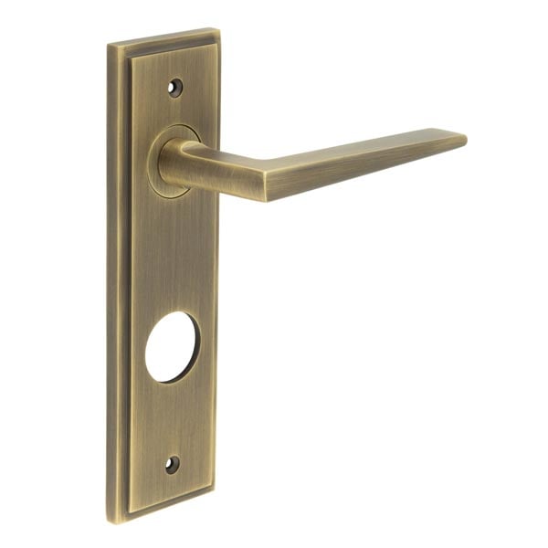 This is an image showing the Frelan - Mayfair Door Handle Din Bathroom Backplate Antique Brass available to order from Trade Door Handles in Kendal