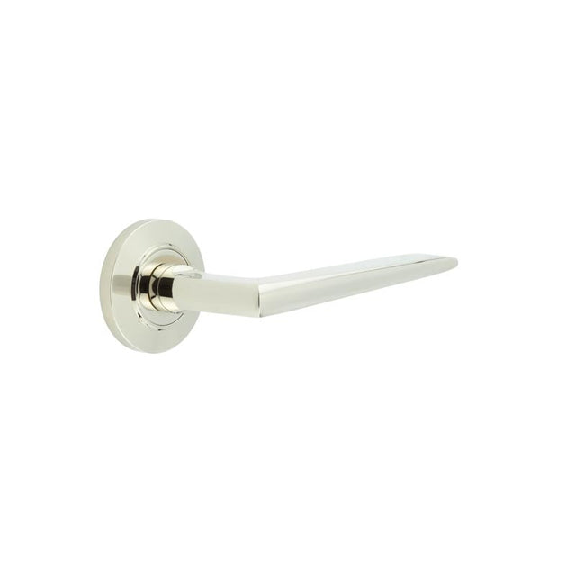 This is an image showing the Frelan - Mayfair Door Handle on Chamfered Rose Polished Nickel available to order from Trade Door Handles in Kendal