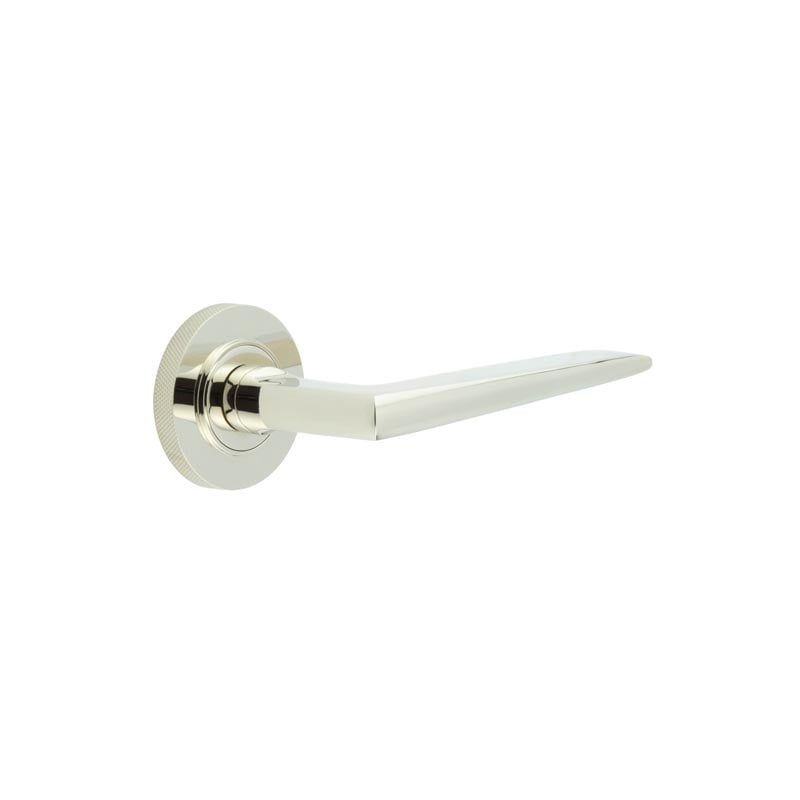 This is an image showing the Frelan - Mayfair Door Handle on Knurled Rose Polished Nickel available to order from Trade Door Handles in Kendal