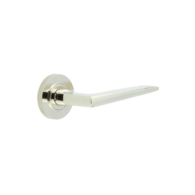 This is an image showing the Frelan - Mayfair Door Handle on Knurled Rose Polished Nickel available to order from Trade Door Handles in Kendal