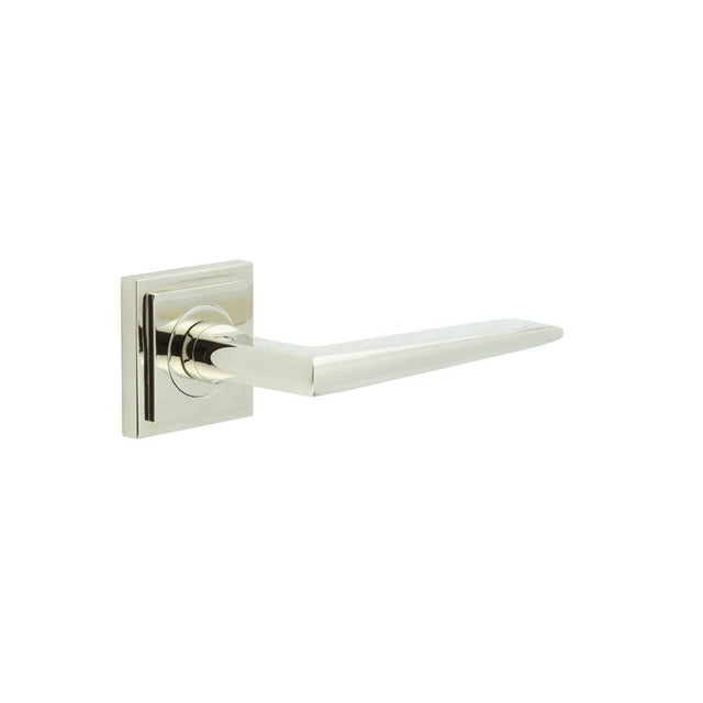 This is an image showing the Frelan - Mayfair Door Handle on Square Stepped Rose Polished Nickel available to order from Trade Door Handles in Kendal