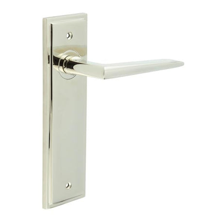 This is an image showing the Frelan - Mayfair Door Handle Latch Backplate Polished Nickel available to order from Trade Door Handles in Kendal