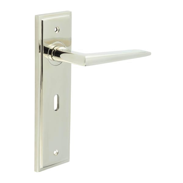 This is an image showing the Frelan - Mayfair Door Handle Lock Backplate Polished Nickel available to order from Trade Door Handles in Kendal