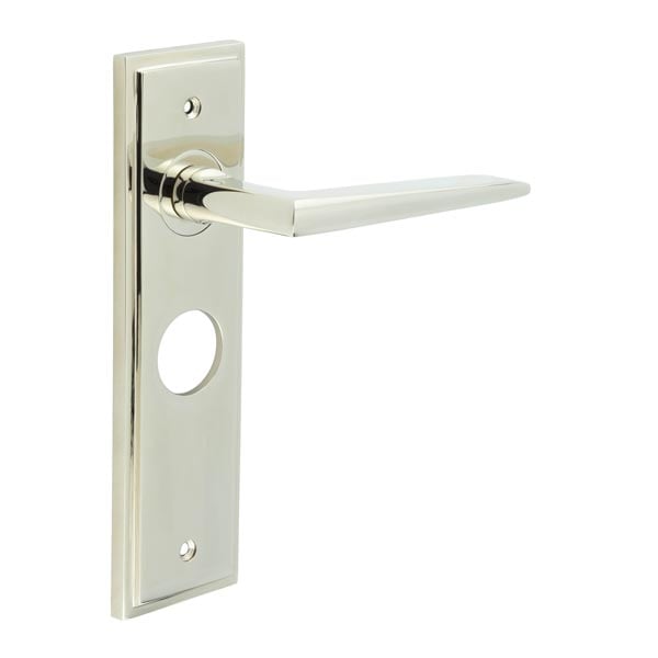 This is an image showing the Frelan - Mayfair Door Handle Bathroom Backplate Polished Nickel available to order from Trade Door Handles in Kendal