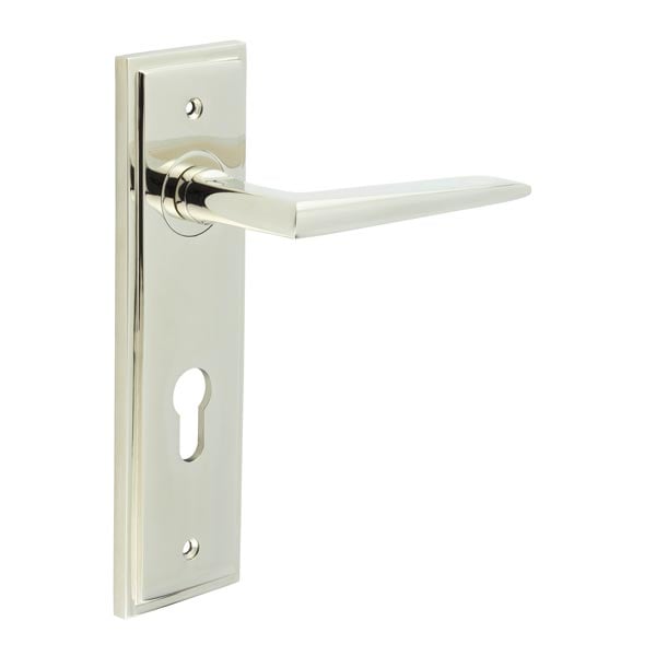 This is an image showing the Frelan - Mayfair Door Handle Din Euro Backplate Polished Nickel available to order from Trade Door Handles in Kendal