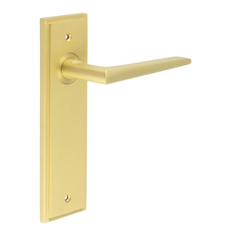 This is an image showing the Frelan - Mayfair Door Handle Latch Backplate Satin Brass available to order from Trade Door Handles in Kendal