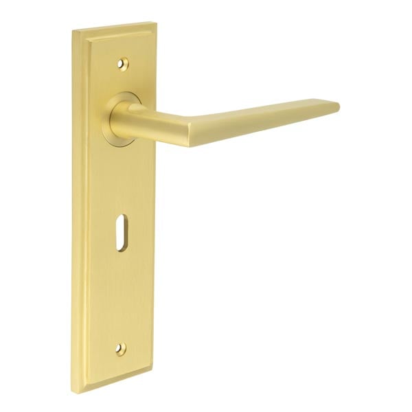 This is an image showing the Frelan - Mayfair Door Handle Lock Backplate Satin Brass available to order from Trade Door Handles in Kendal