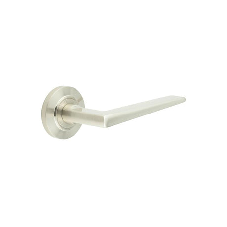 This is an image showing the Frelan - Mayfair Door Handle on Chamfered Rose Satin Nickel available to order from Trade Door Handles in Kendal