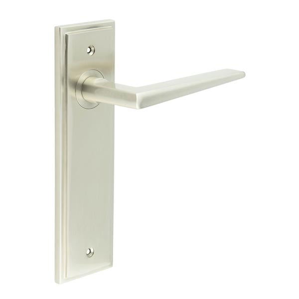 This is an image showing the Frelan - Mayfair Door Handle Latch Backplate Satin Nickel available to order from Trade Door Handles in Kendal