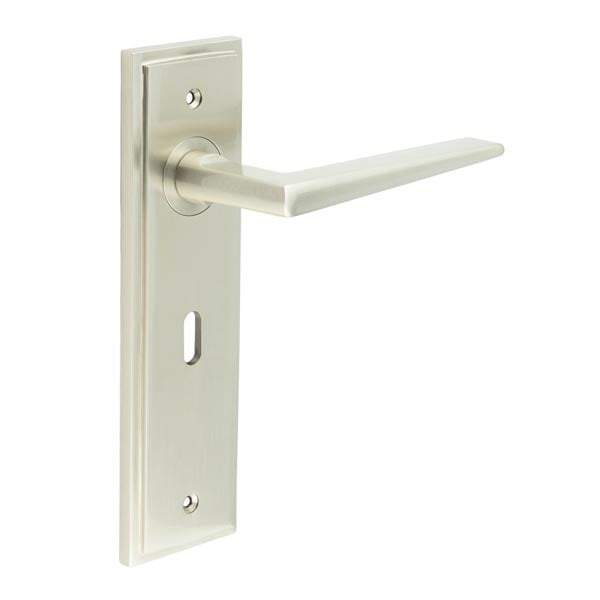 This is an image showing the Frelan - Mayfair Door Handle Lock Backplate Satin Nickel available to order from Trade Door Handles in Kendal