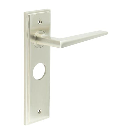 This is an image showing the Frelan - Mayfair Door Handle Bathroom Backplate Satin Nickel available to order from Trade Door Handles in Kendal