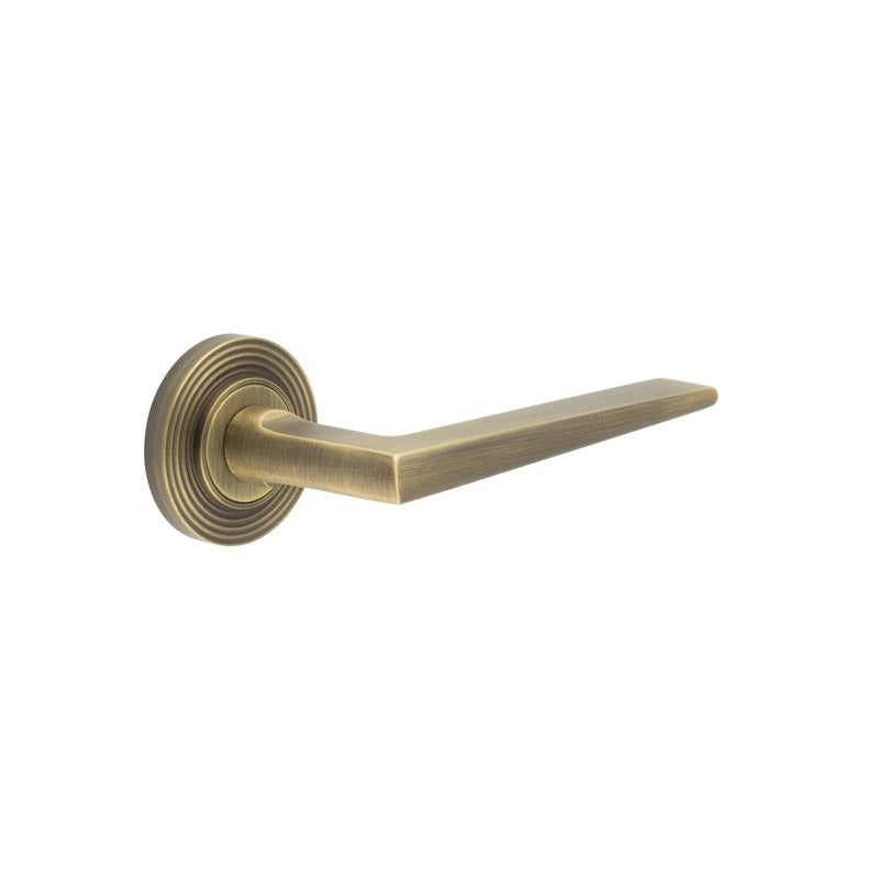 High quality image of Burlington - Mayfair Door Handle on Reeded Rose Antique Brass Sku. BUR10KIT4