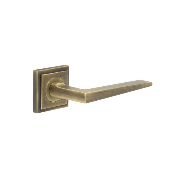 High quality image of Burlington - Mayfair Door Handle on Square Stepped Rose Antique Brass Sku. BUR10KIT7