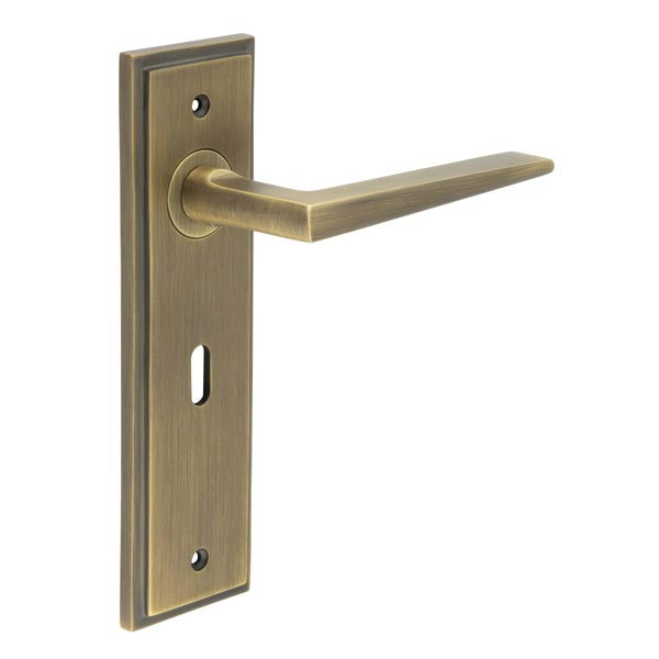 High quality image of Burlington - Mayfair Door Handle Lock Backplate Antique Brass Sku. BUR10KIT9