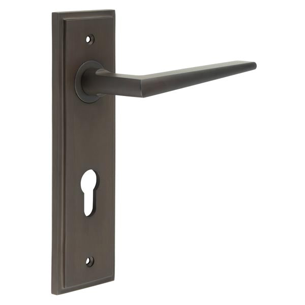 High quality image of Burlington - Mayfair Door Handle Din Euro Backplate Dark Bronze Sku. BUR10KIT90