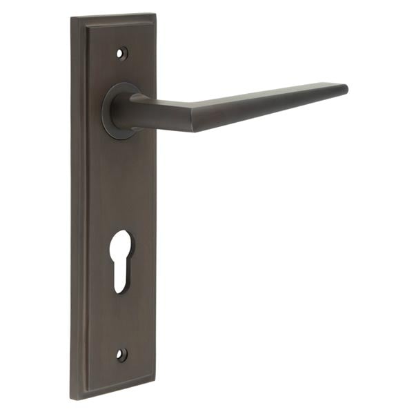 This is an image showing the Frelan - Mayfair Door Handle Din Euro Backplate Dark Bronze available to order from Trade Door Handles in Kendal