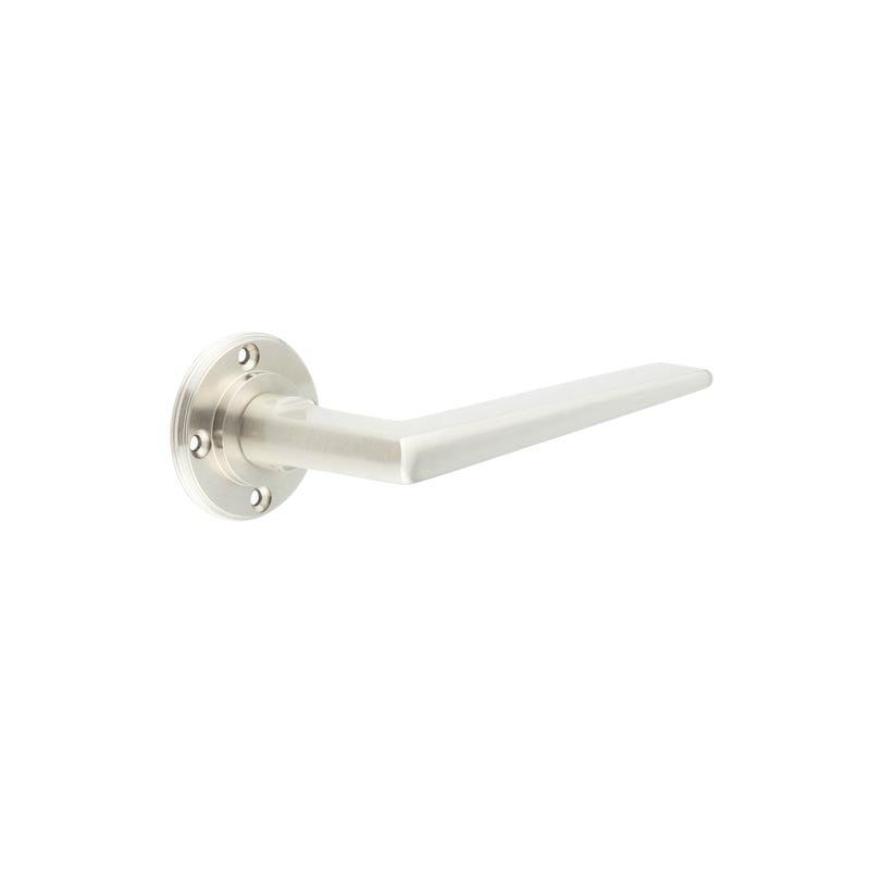 This is an image showing the Burlington - Mayfair lever on rose - Satin Nickel available to order from Trade Door Handles in Kendal