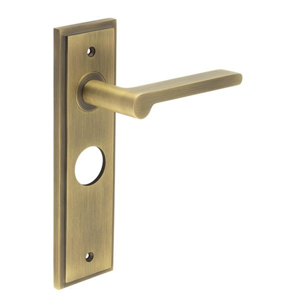 This is an image showing the Frelan - Fitzrovia Door Handle Bathroom Backplate Antique Brass available to order from Trade Door Handles in Kendal