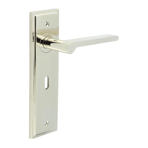 This is an image showing the Frelan - Fitzrovia Door Handle Lock Backplate Polished Nickel available to order from Trade Door Handles in Kendal