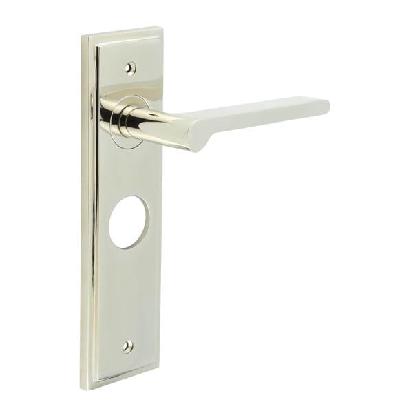 This is an image showing the Frelan - Fitzrovia Door Handle Lock Backplate Polished Nickel available to order from Trade Door Handles in Kendal