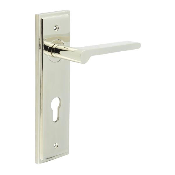 This is an image showing the Frelan - Fitzrovia Door Handle Din Euro Backplate Polished Nickel available to order from Trade Door Handles in Kendal