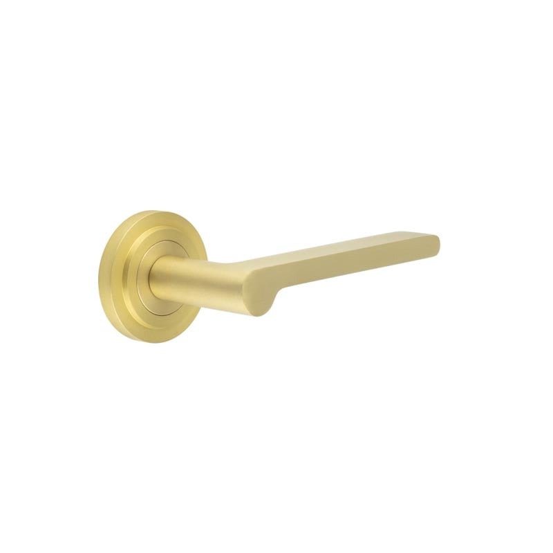 This is an image showing the Frelan - Fitzrovia Door Handles Stepped Rose Satin Brass available to order from Trade Door Handles in Kendal