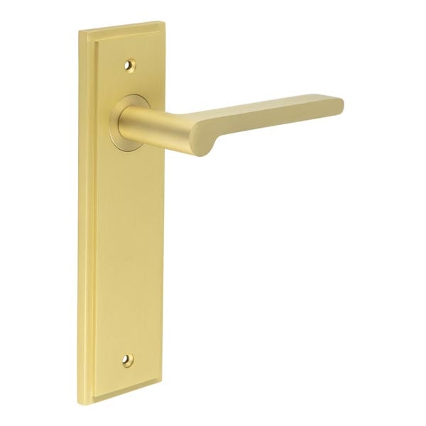 This is an image showing the Frelan - Fitzrovia Door Handle Latch Backplate Satin Brass available to order from Trade Door Handles in Kendal