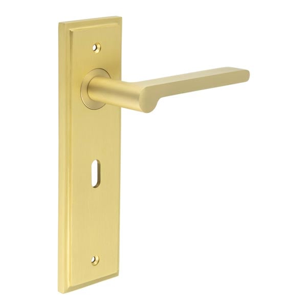 This is an image showing the Frelan - Fitzrovia Door Handle Lock Backplate Satin Brass available to order from Trade Door Handles in Kendal