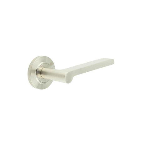 This is an image showing the Frelan - Fitzrovia Door Handles Chamfered Rose Satin Nickel available to order from Trade Door Handles in Kendal